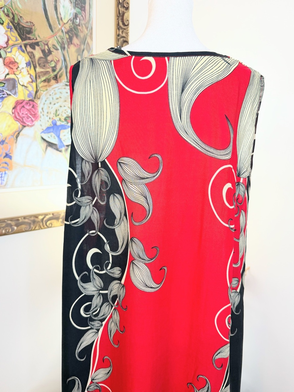 NWT Women’s Maxi Dress M/L Red Black Sleeveless Boho Resort Cruise Art Print - Picture 7 of 10
